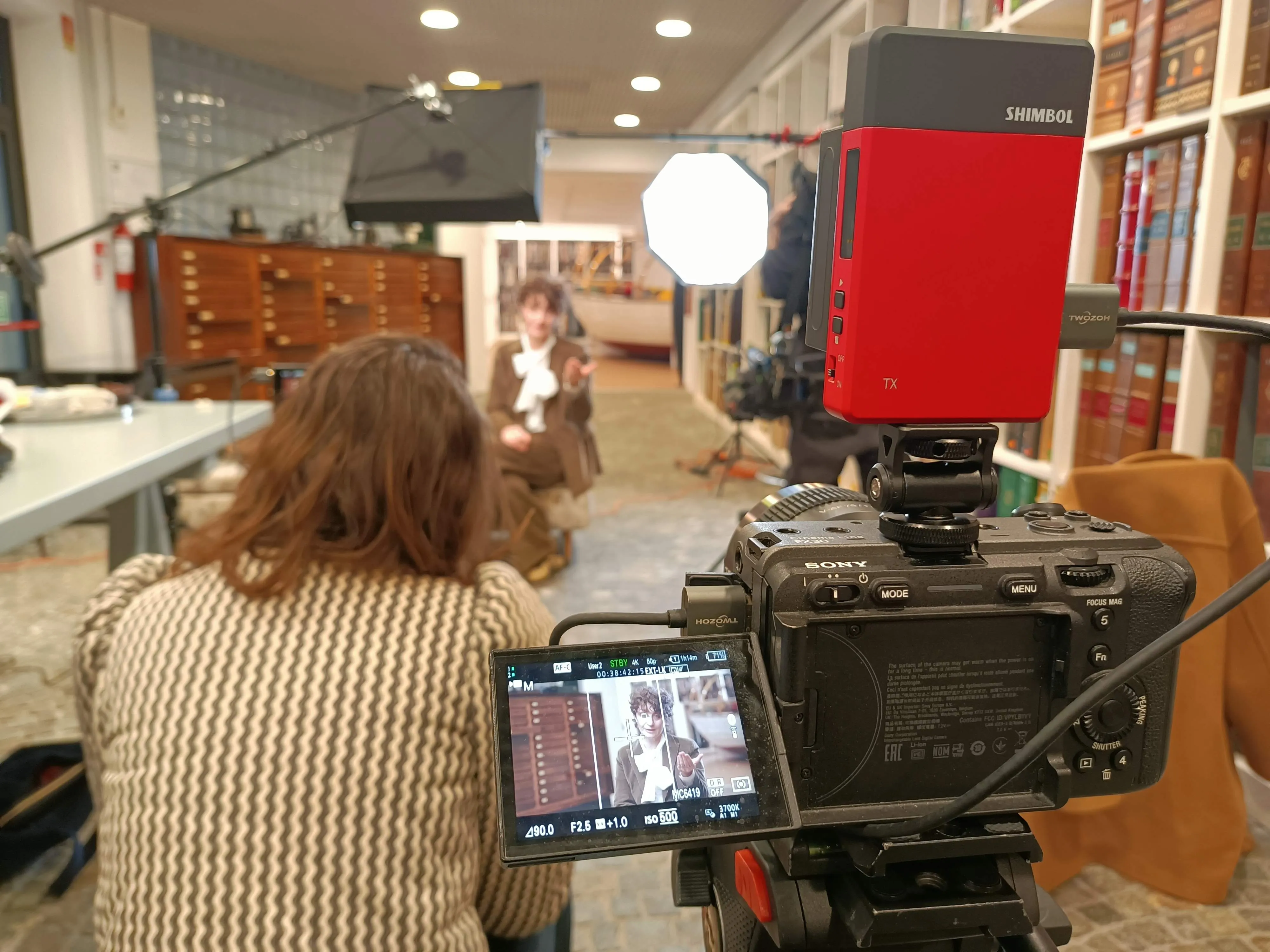 Interview filmed in an archive library on a Sony FX30 with a Shimbol wireless video transmitter for the live feed
