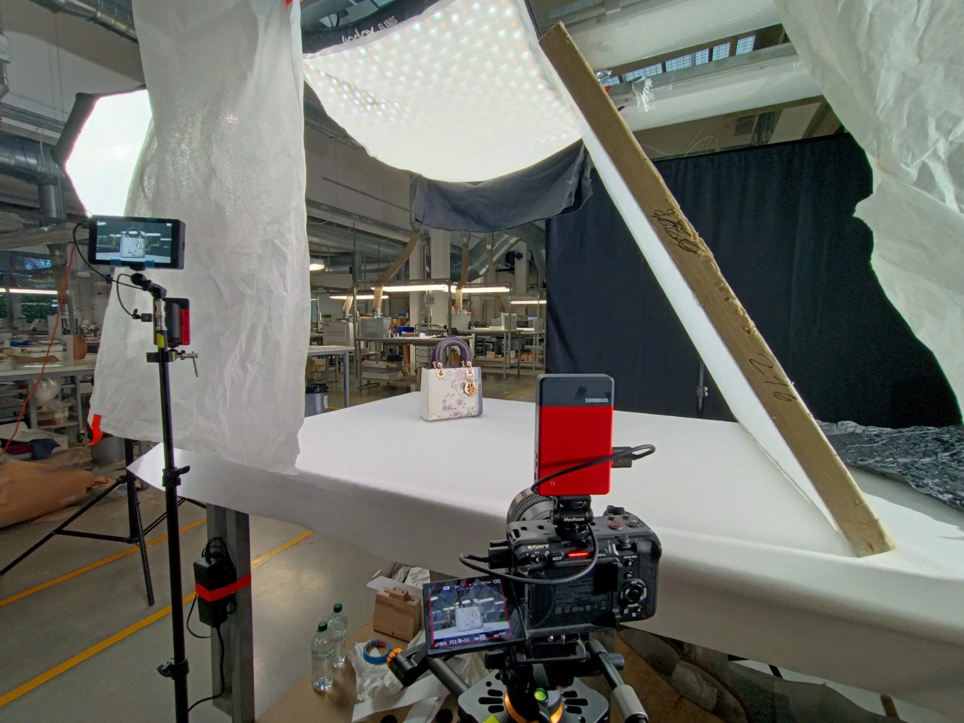 Lighting and camera setup in place before a take, on a production in Italy