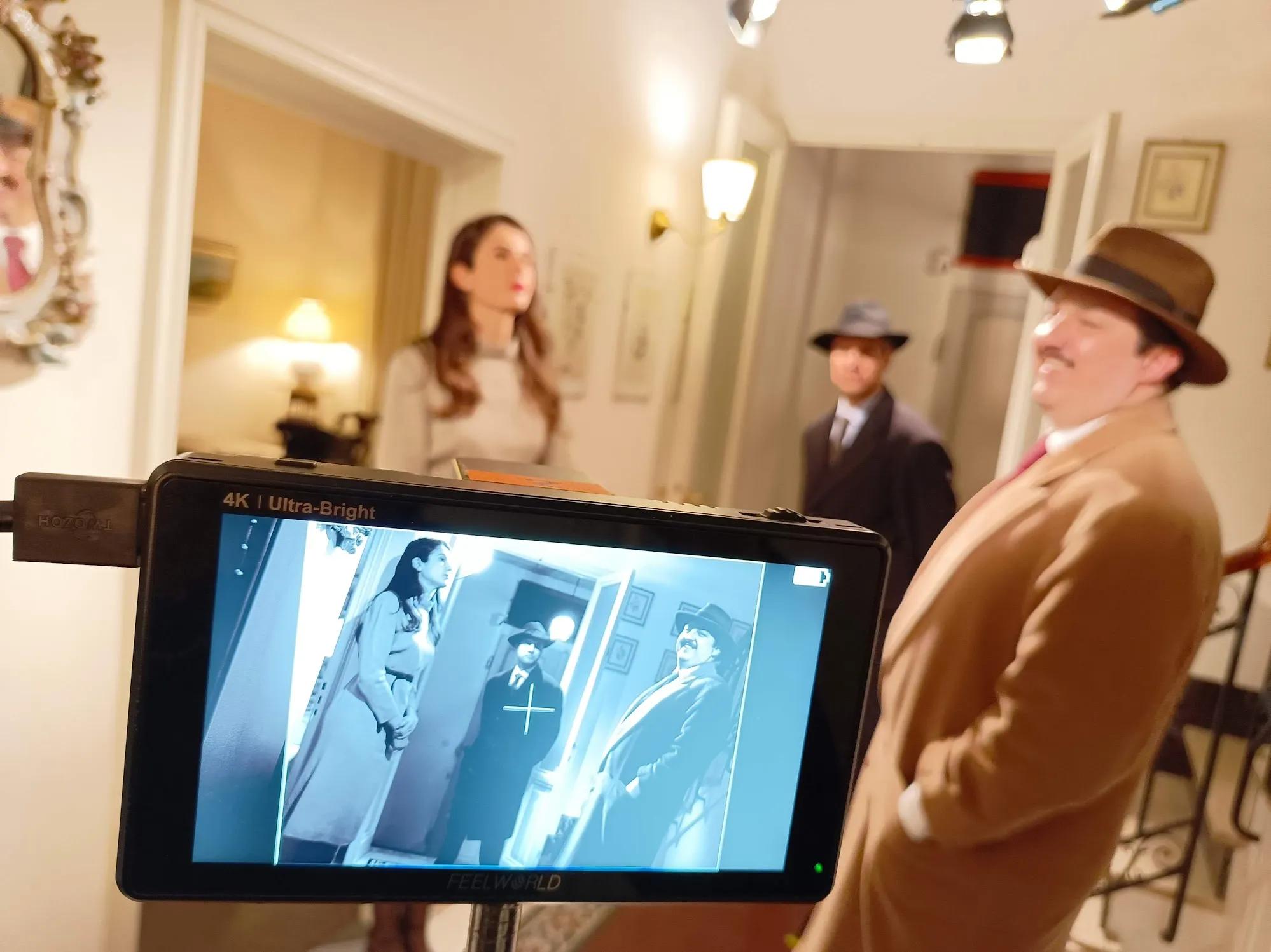 Behind the scenes on an Italian set, camera rigged and lighting in position
