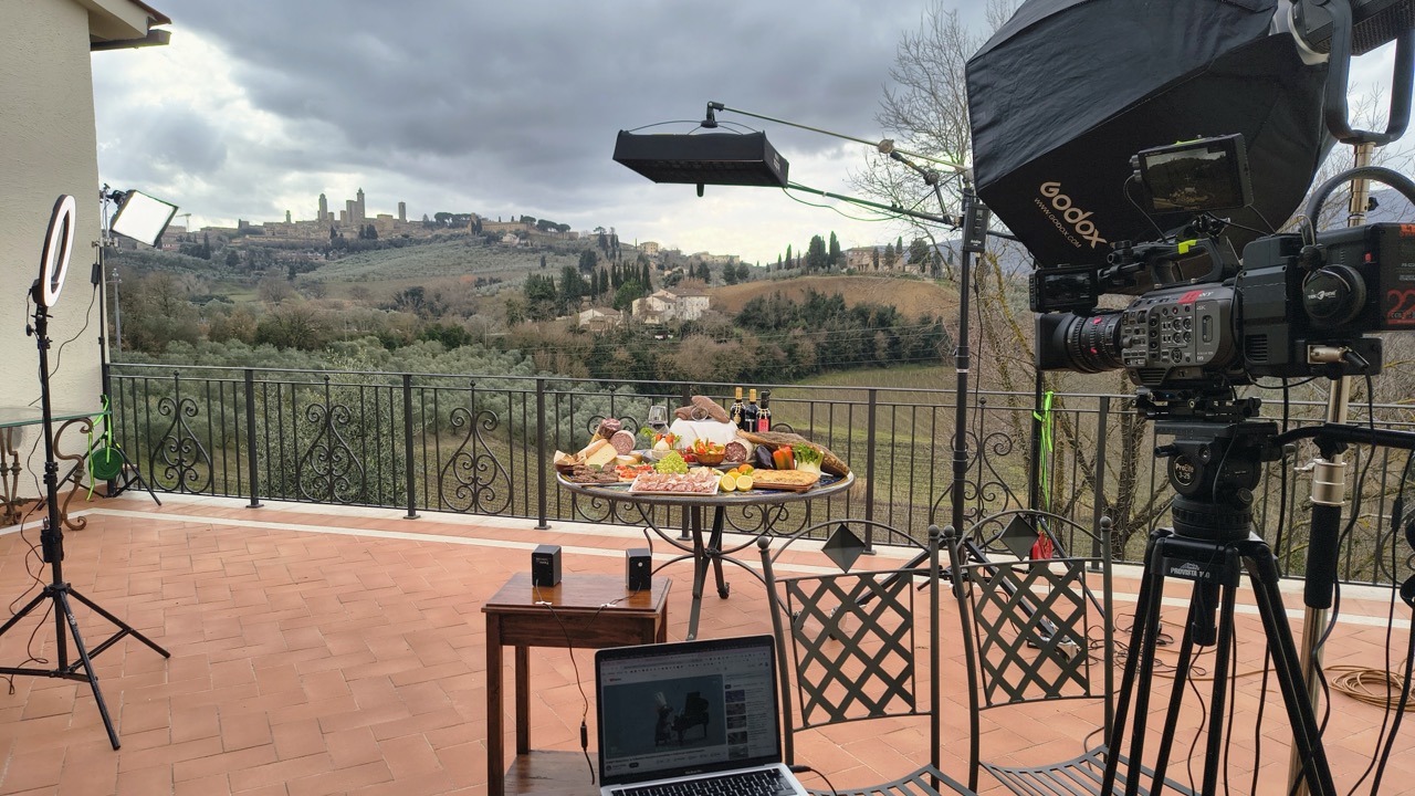 Live stream rig on the terrace of a winery above San Gimignano, Sony FX9 and Nanlite lighting, cinematography by Matteo Castelli